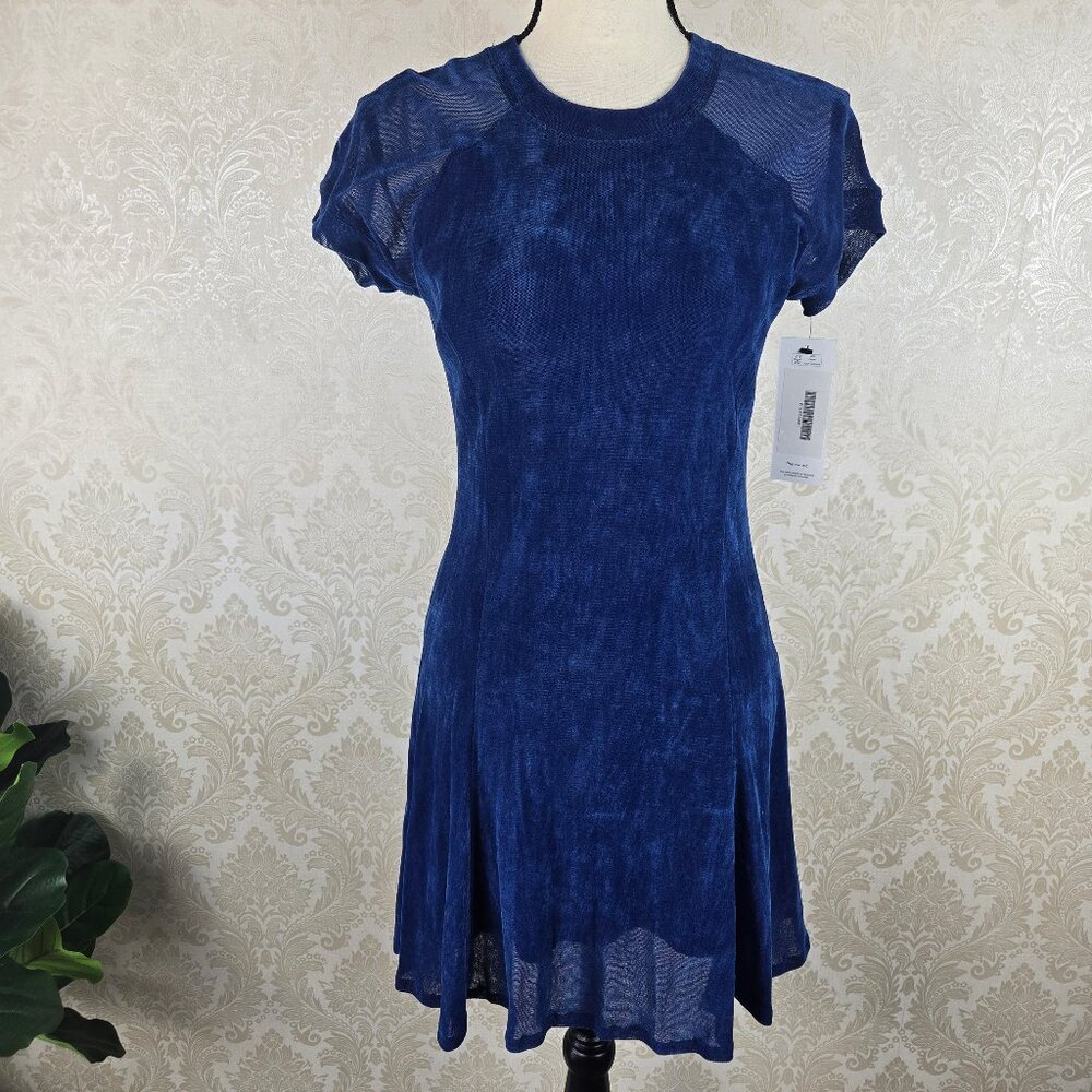 Theyskens' Theory (Size Small) Blue Skater Style Dress Sheer Sleeve Round Neck